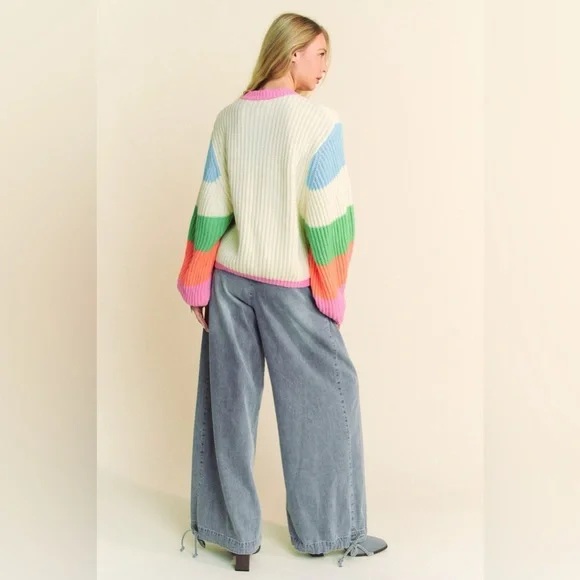 Multicolor Striped Peace Sign Balloon Sleeve Sweater - Davi & Dani - Picture 8 of 8